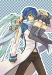  1girl aqua_eyes aqua_hair bad_id bad_pixiv_id blue_eyes blue_hair blue_scarf blush checkered checkered_background detached_sleeves hatsune_miku holding irono_(irtyu) kaito long_hair outline scarf skirt sweatdrop thighhighs twintails vocaloid zettai_ryouiki 