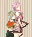  1girl blue_eyes final_fantasy final_fantasy_xiii fingerless_gloves gloves hope_estheim hug hug_from_behind lightning_farron long_hair miniskirt pink_hair shinono silver_hair skirt smile 