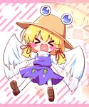 &gt;_&lt; :d ayakashi_(monkeypanch) blonde_hair blue_eyes blush blush_stickers chibi closed_eyes fang flapping frog hat heart heart_in_mouth highres kneehighs moriya_suwako open_mouth ribbon smile socks solo thighhighs touhou wide_sleeves xd zoom_layer 