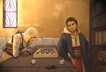  altair_ibn_la-ahad amputee assassin's_creed assassin's_creed_(series) black_hair board_game chess gloves hood male_focus malik_al-sayf multiple_boys robe scar smile vambraces 