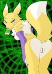  &lt;3 anthro back_turned blue_eyes breasts butt butt_heart canine card digimon digimon_tamers female fox furry_wolf helsy looking_at_viewer looking_back mammal mouth_hold nipples presenting presenting_hindquarters pussy raised_tail renamon solo 