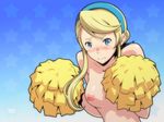  blonde_hair blue_eyes blush breasts cheerleader embarrassed heroman lina_davis long_hair medium_breasts nipples pom_poms shin_(sin-maniax) solo tears topless 