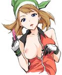  alternate_breast_size alternate_costume bad_id bad_pixiv_id bandana blue_eyes breast_slip breasts brown_hair condom gloves haruka_(pokemon) hat holding holding_condom large_breasts naughty_face nipples one_breast_out pokemon pokemon_(game) pokemon_emerald pokemon_rse solo toru_k unzipping 