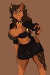  2017 anthro big_breasts biped black_clothing bra breasts brown_background brown_body brown_claws brown_eyes brown_hair brown_markings brown_theme canine claws cleavage clothed clothing collar digital_drawing_(artwork) digital_media_(artwork) doberaunt doberman dog ear_piercing eyelashes facial_piercing female gauged_ear hair hairband hand_on_hip hi_res humanoid_hands leaning leaning_forward long_hair looking_at_viewer mammal markings navel navel_rim nose_piercing nose_ring open_jacket piercing portrait septum_piercing simple_background skirt smile solo solratic spiked_collar spikes standing tattoo three-quarter_portrait tight_clothing underwear 