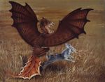  ambiguous_gender bird_dragon black_fur black_scales brown_scales claws dragon duo feral fur grass grey_fur heather_bruton hunting lagomorph mammal membranous_wings mimic_dragon open_mouth orange_scales rabbit scales teeth white_fur wings yellow_scales 