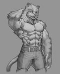  2017 abs anthro belt biceps clothed clothing digital_media_(artwork) feline fur grimoire_of_zero hi_res kemono male mammal mercenary_(character) muscular muscular_male pants pecs solo stripes tiger topless white_tiger wolfmalro 