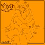  2017 5_fingers anthro arm_tuft bedding bedroom_eyes belly big_breasts biped black_and_orange border braided_hair breasts buxbi_(character) character_name chest_tuft claws crossed_legs digital_drawing_(artwork) digital_media_(artwork) english_text feline female front_view hair half-closed_eyes huge_breasts humanoid_hands inner_ear_fluff leg_tuft line_art long_hair long_tail looking_at_viewer mammal mane_hair mc_jojo monochrome nipple_bulge nude open_mouth open_smile orange_border orange_theme outside_border overweight overweight_female pasties pinup portrait pose seductive side_braid signature sitting smile solo text three-quarter_portrait tiger tuft 