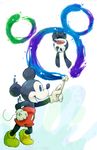  2011 anthro black_nose blue_eyes clothed clothing derimiko disney duo epic_mickey fist footwear lagomorph long_ears mammal mickey_mouse mouse open_mouth open_smile oswald_the_lucky_rabbit paint paintbrush rabbit red_shorts rodent round_ears shoes shorts simple_background smile thin_tail topless upside_down white_background white_gloves yellow_shoes 