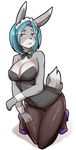  2017 5_fingers absurd_res anthro aria_(buried_frog) blue_eyes blue_hair blush bow_tie breasts bunny_costume buried_frog cleavage clothed clothing costume countershading female footwear fur grey_fur hair headdress hi_res high_heels kneeling lagomorph looking_aside mammal purple_eyes rabbit shirt_collar shoes short_hair simple_background solo white_background white_fur wrist_cuff 