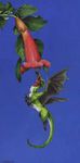  bird_dragon black_scales blue_background dragon feral flower flying green_scales heather_bruton leaf membranous_wings mimic_dragon plant red_scales scales simple_background solo tongue tongue_out trumpet_vine white_scales wings 