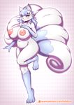  2017 4_fingers 4_toes 5_tails alolan_ninetales anthro anthrofied belly big_thighs biped black_nose blue_eyes blue_hair blush breasts canine cheek_tuft claws digital_drawing_(artwork) digital_media_(artwork) eyelashes featureless_crotch female front_view full-length_portrait fur gloves_(marking) hair hand_on_breast hi_res humanoid_hands inner_ear_fluff kemono korean long_hair looking_at_viewer mammal markings multi_tail multicolored_fur navel nintendo on_one_leg outline patreon pattern_background pink_background plaid_background pok&eacute;mon pok&eacute;morph portrait regional_variant simple_background slightly_chubby smile socks_(marking) solo standing tailzkim tiptoes toe_claws toes tuft two_tone_fur two_tone_tail url video_games voluptuous white_claws 