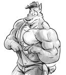  2017 abs anthro biceps big_muscles canine clothed clothing fur hat male mammal monochrome muscular muscular_male nipples overalls pecs poop_(artist) simple_background solo white_background wolf 
