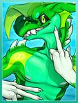  2017 4_fingers abs anthro baring_teeth blue_background cetacean claws cyan_skin dolphin dragon facing_viewer fin fish front_view gradient_background green_eyes green_skin grin half-length_portrait hi_res hybrid idoodle2draw looking_at_viewer male mammal marine markings middle_finger multicolored_skin muscular muscular_male nipples nude peace_sign_(disambiguation) pecs portrait pose scalie shark signature simple_background smile snarling solo teeth vasciel_aplisto white_skin yellow_skin 