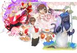  3girls :3 :d :p absurdres animal_ears arms_up ascot bad_id bad_pixiv_id bat_wings blonde_hair blood blue_eyes blue_fur brown_hair car car_crash cat_ears cat_tail closed_eyes crash dark_skin dark_skinned_male double_v dress flower food frilled_skirt frills furry grey_eyes ground_vehicle hair_flower hair_ornament hairband heart heterochromia highres holding holding_branch holding_plate kneeling leaf long_sleeves looking_at_viewer meat motor_vehicle multiple_girls ohisashiburi one_eye_closed one_side_up open_mouth original pasta paws pizza plate pom_pom_(clothes) red_neckwear shirt skirt smile table tail tongue tongue_out v white_dress white_shirt wings yellow_eyes 