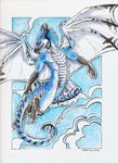  2014 anthro bird_dragon black_scales blue_eyes blue_scales cloud dragon grey_scales heather_bruton male membranous_wings scales sky solo white_scales wings 