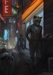  anthro barefoot black_fur black_nose blonde_hair blue_eyes cat clothed clothing detailed_background digitigrade duo feline fur hair latex_(artist) looking_at_viewer male mammal night topless 