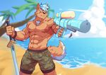  2017 abs anthro biceps canine clothing digital_media_(artwork) fur hi_res male mammal melee_weapon muscular muscular_male nipples pecs scar silentheaven solo swimsuit sword weapon wolf 