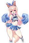  2017 animal_humanoid bare_shoulders blonde_hair blue_eyes blush canine cheerleader clothing dog dog_humanoid elin footwear front_view full-length_portrait hair hair_ribbon happy harigane_shinshi hi_res humanoid long_hair looking_at_viewer mammal midriff navel on_one_leg open_mouth pom_poms portrait ribbons shoes simple_background skirt standing sweat tera_online video_games white_background 
