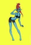  arched_back bent_over blue_skin breasts cleavage clothed clothing female fish hair humanoid long_hair looking_at_viewer marine meetworp open_mouth red_hair simple_background smile solo standing undertale underwear undyne video_games yellow_eyes 