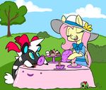  2013 ambiguous_gender beverage black_fur blitzle blue_eyes bow_tie caterpie cherry clothing cloud crumbs cup cupcake daisy_(flower) dress ears_up eyes_closed female flower fluttershy_(mlp) food friendship_is_magic fruit fur grass group hair leg_markings markings mt multicolored_fur my_little_pony nintendo open_mouth outside pastry pink_hair pink_mane plant pok&eacute;mon saucer shrub signature sky smile sunflower_hat table tablecloth tea tea_cup teapot teeth tongue tree two_tone_fur video_games white_fur white_mane white_markings white_tail wings yellow_fur yellow_sclera yellow_wings 
