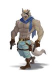  2017 abs anthro biceps boots canine clothed clothing eye_patch eyewear footwear fur furrybob gun male mammal muscular muscular_male nipples pants pecs ranged_weapon scarf solo topless weapon wolf 