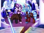 2017 clothed clothing crossover crystal duo english_text equine female feral friendship_is_magic horn inside jedi lightsaber magic mammal my_little_pony purple_eyes star_wars starlight_glimmer_(mlp) sweat table text trixie_(mlp) unicorn vavacung 