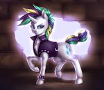  2017 absurd_res belt blue_eyes clothed clothed_feral clothing cutie_mark detailed_background ear_piercing equine eyebrow_piercing eyelashes eyeshadow facial_piercing female feral friendship_is_magic hair hi_res horn inside jacket looking_at_viewer makeup mammal mascara multicolored_hair multicolored_tail my_little_pony piercing rarity_(mlp) smile solo souladdicted unicorn 