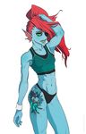  blue_skin eye_patch eyewear female fish green_eyes hair humanoid long_hair looking_at_viewer marine meetworp muscular muscular_female red_hair simple_background solo standing tattoo undertale undyne video_games white_background 