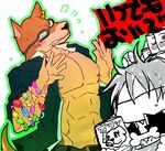  anthro ball blush bone bowl bracelet canine cloth_xno clothed clothing doberman dog dog_food duo eyewear hair human jewelry male mammal mascot muscular muscular_male nipples open_shirt simple_background standing suit sunglasses tennis_ball tokyo_afterschool_summoners white_background xolotl 