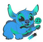  2016 4_toes alien alpha_channel alternate_color black_eyes blue_claws blue_fur blue_nose claws digital_drawing_(artwork) digital_media_(artwork) disney experiment_(species) fur head_tuft holding_musical_instrument leaning leaning_forward lilo_and_stitch looking_at_viewer musical_note notched_ear open_mouth open_smile pharaoh-ink restricted_palette simple_background smile solo speech_bubble star stitch toes toony transparent_background tuft ukulele 