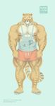  2017 anthro areola big_arms bulge clothing eyewear feline footwear front_view hi_res hybrid hyper hyper_muscles liger looking_at_viewer mainlion male mammal markings muscular muscular_male nipples pecs sandals shirt shorts simple_background solo standing stripes sunglasses tank_top thick_thighs url veiny_muscles 