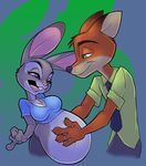  anthro black_fur black_nose breasts buckteeth canine disney female fox fur green_eyes grey_fur inner_ear_fluff judy_hopps krystalvix_(artist) lagomorph long_ears male mammal necktie nick_wilde pregnant purple_eyes rabbit red_fur smile teeth tongue white_fur zootopia 