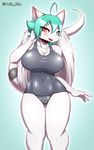  2017 5_fingers absurd_res ahoge anthro bedroom_eyes big_breasts biped blue_background blush breasts camel_toe chest_tuft cleavage clothed clothing digital_drawing_(artwork) digital_media_(artwork) dragon eyelashes fangs feathered_dragon feathered_wings feathers female folded_wings front_view fur furred_dragon green_hair grey_clothing hair half-closed_eyes hand_on_head hi_res humanoid_hands kemono korean long_tail looking_at_viewer looking_away navel non-mammal_breasts notched_ear nude one-piece_swimsuit open_mouth open_smile orange_eyes outline portrait ranshin seductive shiny short_hair shoulder_tuft simple_background small_waist smile solo standing swimsuit tailband tailzkim thigh_gap three-quarter_portrait tight_clothing tuft voluptuous white_fur white_tail white_wings wings 