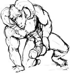  anthro balls big_penis caprine erection goat greyscale horn humanoid_penis infernal-beggar looking_at_viewer male mammal monochrome muscular muscular_male penis sketch solo 