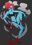  blue_skin breasts cigarette cleavage clothed clothing female fin fish food green_eyes hair humanoid ketchup knife long_hair marine meetworp midriff ponytail red_hair solo undertale underwear undyne video_games 