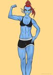  blue_skin breasts cleavage clothed clothing female fish hair humanoid long_hair looking_at_viewer marine meetworp muscular muscular_female red_hair simple_background smile solo standing undertale underwear undyne video_games yellow_eyes 