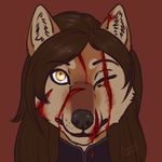  blood brown_fur brown_hair bust_(disambiguation) canine canned_(artist) cut_(disambiguation) fluffy fur gore hair krisztina leather looking_at_viewer mammal orange_eyes scar tan_fur wolf 