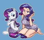  2017 alternate_species bare_back blue_background blue_eyes breasts clothed clothing dock duo equine eyebrows eyelashes eyeshadow female feral friendship_is_magic hair horn human humanized kneeling long_hair looking_at_viewer looking_back makeup mammal my_little_pony nauthleroy purple_hair rarity_(mlp) rear_view simple_background sitting smile square_crossover sweater unicorn virgin_killer_sweater 