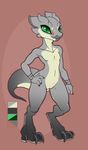  2017 3_fingers 3_toes anthro athletic biped butt claws female flat_chested green_eyes green_sclera grey_scales hi_res horn kobold long_tail looking_away multicolored_scales multicolored_tail nimtai nude pussy red_background scales scalie short simple_background smile solo spikes standing thick_tail toes 