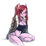  anthro breasts cleavage clothed clothing ear_piercing equine eyebrows eyelashes eyewear female glasses hair hi_res mammal midriff my_little_pony navel piercing red_hair simple_background sitting smile solo suelix white_background wide_hips 