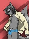  arrwulf black_nose clothed clothing looking_at_viewer mammal open_shirt pose purple_eyes raccoon simple_background striped_tail stripes underwear 