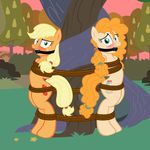  2017 applejack_(mlp) ball_gag bdsm blush bondage bound daughter duo equine female feral food freckles friendship_is_magic fruit gag horse looking_at_viewer mammal mother mother_and_daughter my_little_pony parent pear pear_butter pony radiantrealm rope tree 