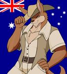  5_fingers amber_eyes anthro australia australian_flag brown_fur clothed clothing cooper_(droll3) droll3 fur grin hat hunter kangaroo looking_at_viewer male mammal marsupial muscular muscular_male parody smile solo tipping_hat world_war world_war_2 