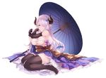  cait granblue_fantasy horns narumeia_(granblue_fantasy) pointy_ears sarashi thighhighs umbrella 