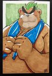  2017 ashigara bear brown_fur eyebrows facial_hair fur male mammal mohawk musclechub simple_background solo tokyo_afterschool_summoners towel 