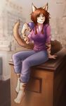  2017 ailaanne anthro beverage cat clothed clothing digital_media_(artwork) feline female fully_clothed hair inside kayla_angel kitchen looking_at_viewer mammal pink_nose sitting smile solo stripes tea 