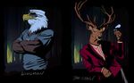  16:10 alcohol anthro avian bald_eagle beverage billmund bird cervine clothed clothing creatures_of_the_night deer dog_tags duo eagle eyewear hi_res looking_at_viewer male mammal muscular smile sunglasses the_stag_(creatures_of_the_night) 