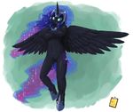  2015 anthro armor astral_hair black_fur blue_eyes blue_hair blue_tail breasts clothing crossed_arms cutie_mark equine female footwear friendship_is_magic fur hair helmet horn horse mammal my_little_pony nightmare_moon_(mlp) pony pussy shoes simple_background smile the-minuscule-task white_background winged_unicorn wings 