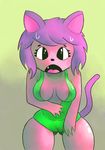  breasts camel_toe cleavage clothed clothing fangs feline fizwack fur hair invalid_tag looking_at_viewer mammal nipples open_mouth pink_fur purple_hair simple_background swimsuit 