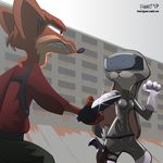  2017 absurd_res angry anthro breasts clenched_teeth clothed clothing cosplay crossover dipstick_ears disney duke_weaselton duo ears_down fanartiguess female fingerless_gloves ghost_in_the_shell gloves gun hi_res holding_object holding_weapon judy_hopps knife lagomorph long_ears male mammal melee_weapon mustelid rabbit ranged_weapon signature simple_background small_breasts teeth tight_clothing url weapon weasel zootopia 